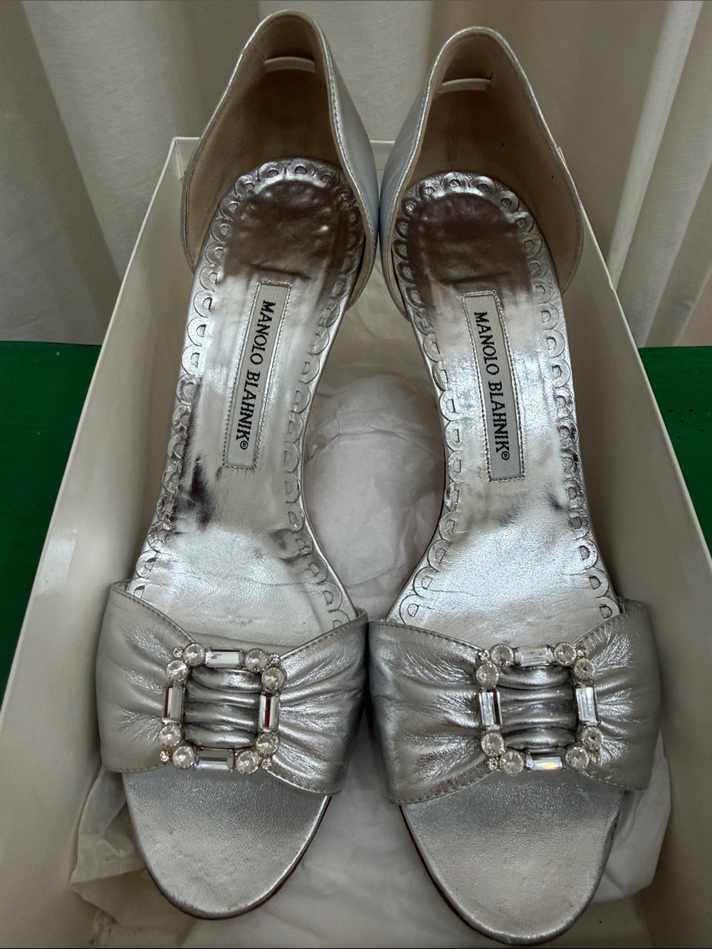 Manolo Blahnik Silver Jeweled Open-Toe Heels
